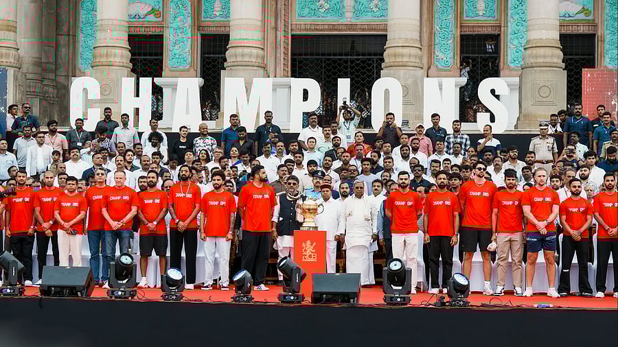 <div class="paragraphs"><p>RCB Champions felicitated by Karnataka Government in grand ceremony at Vidhana Soudha.</p></div>