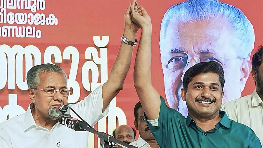 <div class="paragraphs"><p>Kerala Chief Minister Pinarayi Vijayan with LDF candidate M Swaraj during the inauguration of the ruling Left Democratic Front's (LDF) campaign for the upcoming Nilambur assembly constituency by-election.</p></div>
