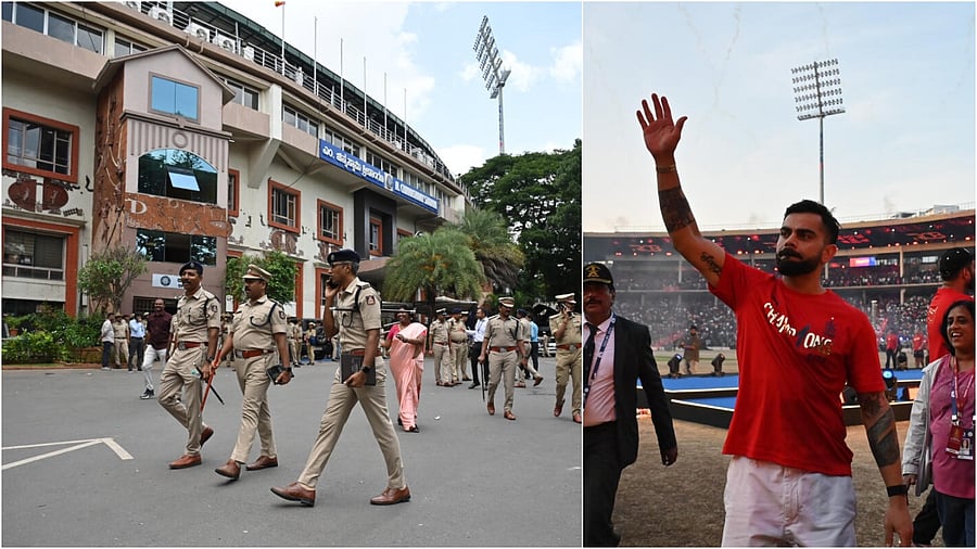<div class="paragraphs"><p>Cops outside Chinnaswamy stadium(L), Virat Kohli during the celebration of RCB win</p></div>