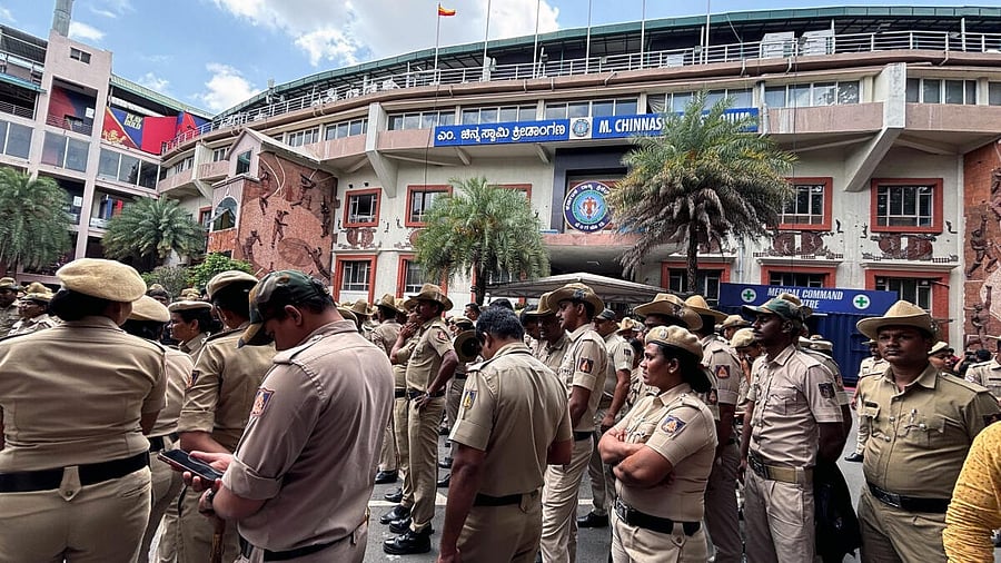 <div class="paragraphs"><p>Several police personal seen at M Chinnaswamy Stadium in Bengaluru on Thursday, where 11 people died in a tragic stampede as thousands of fans had thronged to take part in the celebrations of RCB's win in the Indian Premier League. </p></div>
