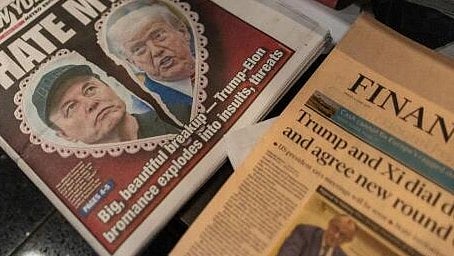 <div class="paragraphs"><p>A newspaper front page featuring U.S. President Donald Trump and Elon Musk is displayed in Arlington</p></div>