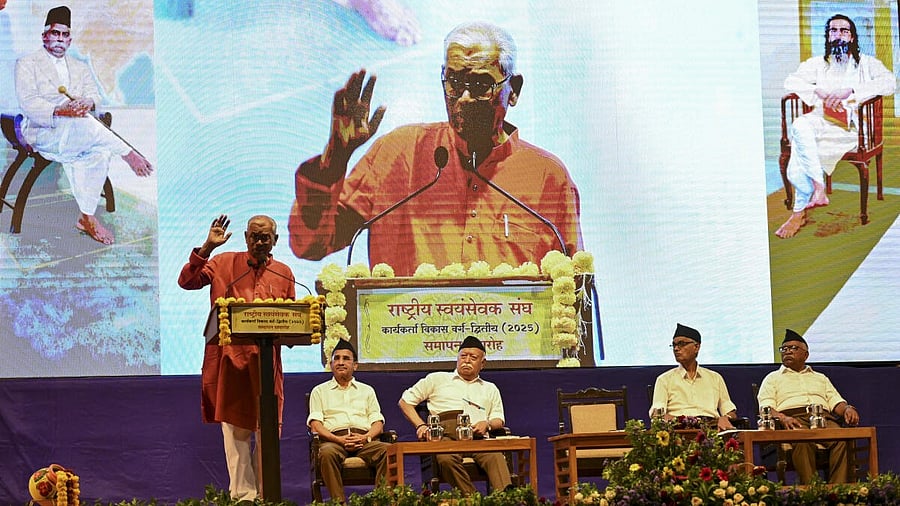 <div class="paragraphs"><p>Former union minister Arvind Netam speaks during the concluding function of Rashtriya Swayamsevak Sangh (RSS) volunteer training camp 'Karyakarta Vikas Varg - Dwitiya', at Reshimbag, in Nagpur, Thursday, June 5, 2025.</p></div>