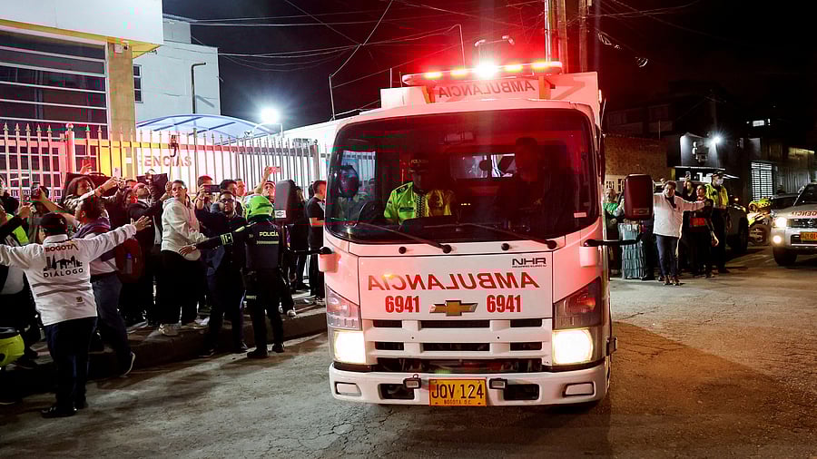 <div class="paragraphs"><p>An ambulance in which Colombian Senator Miguel Uribe Turbay of the opposition Democratic Center party is transported to another hospital, after he was shot during a campaign event, leaves a hospital, in Bogota, Colombia, June 7, 2025. </p></div>