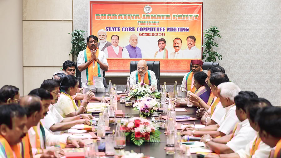 <div class="paragraphs"><p>Amit Shah chairing a meeting of the Tamil Nadu BJP, June 8, 2025.</p></div>