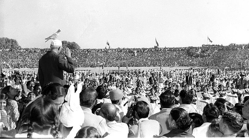 <div class="paragraphs"><p>Prime Minister Jawaharlal Nehru taking salute from school children on occasion of his birthday celebrations in Delhi. </p></div>