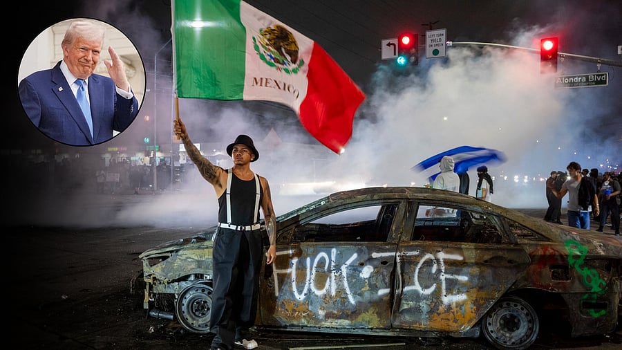 <div class="paragraphs"><p>Image showing protests in Los Angeles and US President Donald Trump.</p></div>