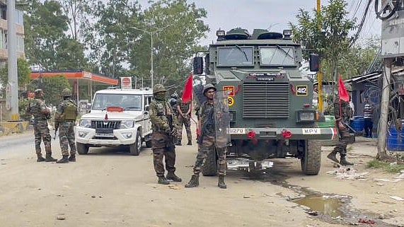 <div class="paragraphs"><p>Security personnel keep a vigil amid ongoing protests, in Imphal, Manipur.</p></div>