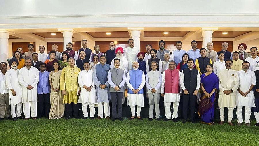 <div class="paragraphs"><p>Prime Minister Narendra Modi with members of multi-party delegations which visited various nations, poses for a group picture during a meeting, at his residence in New Delhi, Tuesday, June 10, 2025.</p></div>