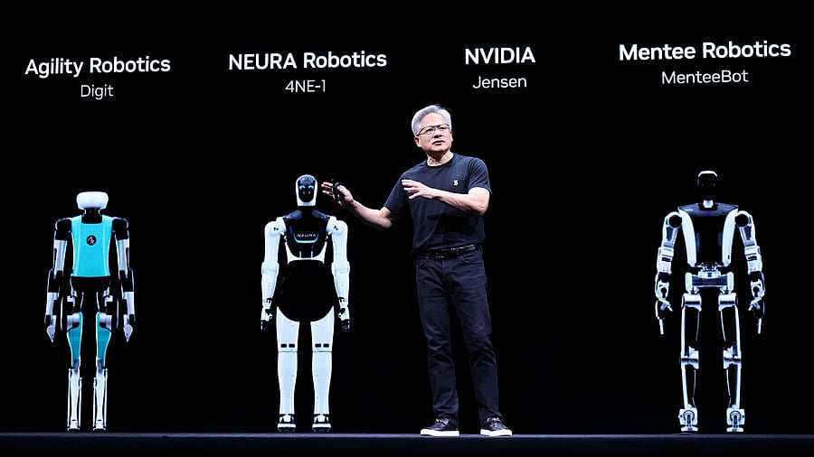 <div class="paragraphs"><p>Jensen Huang, CEO of Nvidia, gestures as he speaks during the Viva Technology conference dedicated to innovation and startups at Porte de Versailles exhibition center in Paris, France, June 11, 2025. </p></div>