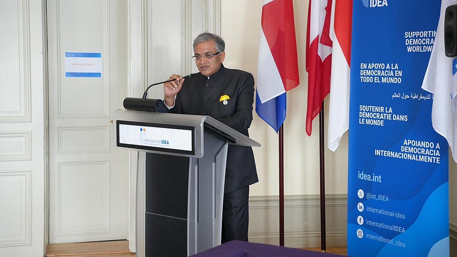 <div class="paragraphs"><p>CEC Gyanesh Kumar delivers keynote address at the Stockholm International Conference on Electoral Integrity in Sweden on Tuesday.</p></div>