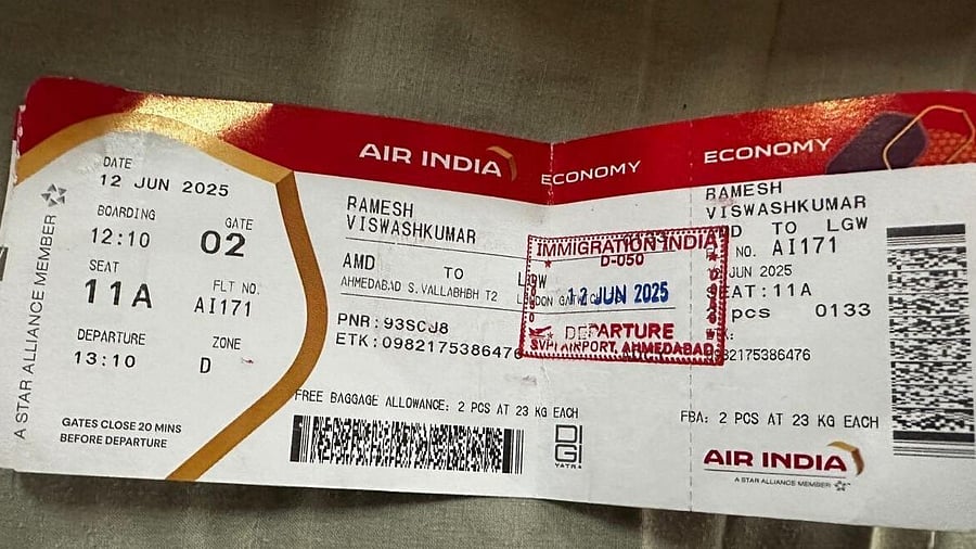<div class="paragraphs"><p>The ticket of Vishwash Kumar Ramesh, a survivor of the Air India plane crash, in Ahmedabad, Thursday, June 12, 2025. The Ahmedabad-London Air India flight, carrying 242 passengers, crashed moments after take-off from the Ahmedabad airport.</p></div>