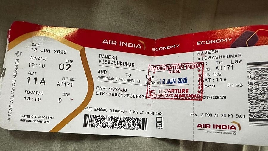 <div class="paragraphs"><p>The ticket of Vishwash Kumar Ramesh, the lone survivor of Air India plane crash in Ahmedabad.&nbsp;</p></div>