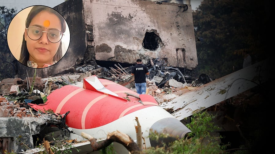 <div class="paragraphs"><p>A fire officer stands next to the crashed Air India Boeing 787-8 Dreamliner aircraft, in Ahmedabad, India, June 13, 2025. (Inset: The woman who missed the ill-fated flight)</p></div>