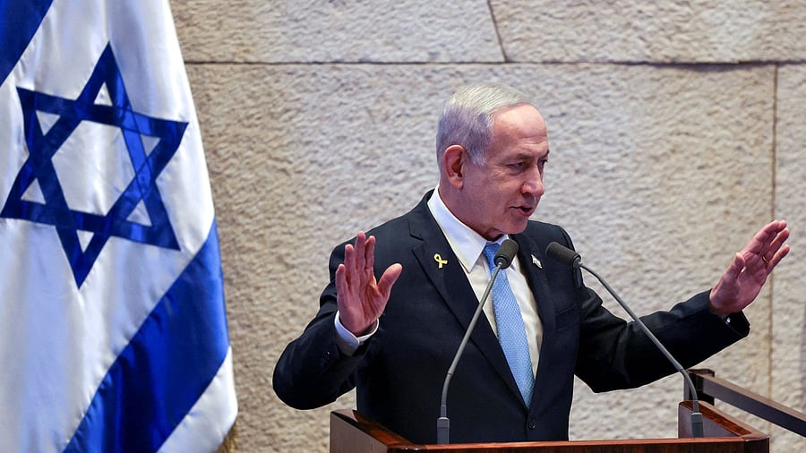 <div class="paragraphs"><p>Israeli Prime Minister Benjamin Netanyahu speaks during a Plenum session of the Knesset, Israel's Parliament, also attended by Argentine President Javier Milei, in Jerusalem.</p></div>