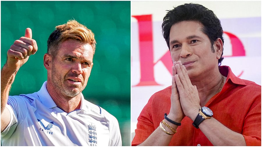 <div class="paragraphs"><p>Cricket legends James Anderson (left) and Sachin Tendulkar (right)</p></div>