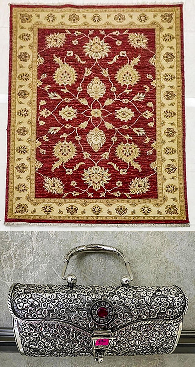 <div class="paragraphs"><p>Combo image shows the Kashmiri handmade silk carpet, top, and silver clutch purse gifted by Prime Minister Narendra Modi to Cyprus President Nikos Christodoulides and First Lady Philippa Karsera during his visit to Cyprus, Monday, June 16, 2025.</p></div>