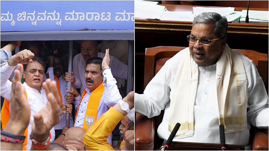 <div class="paragraphs"><p>Karnataka BJP President Vijayendra detained during a protest against Karnataka Chief Minister over the death of 11 people in a stampede near the Chinnaswamy Stadium (L), Karnataka CM Siddaramaiah. </p></div>