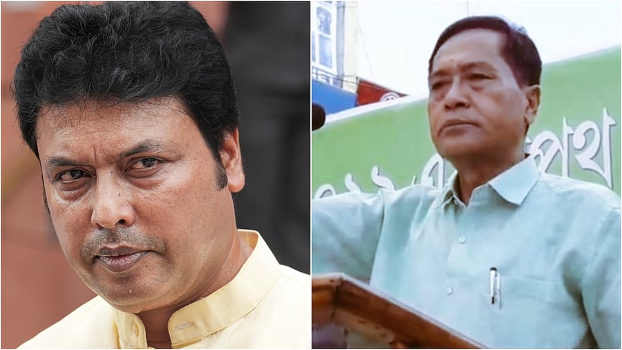 <div class="paragraphs"><p>Former chief minister Biplab Kumar Deb (L) and&nbsp;Jitendra Chaudhury</p></div>
