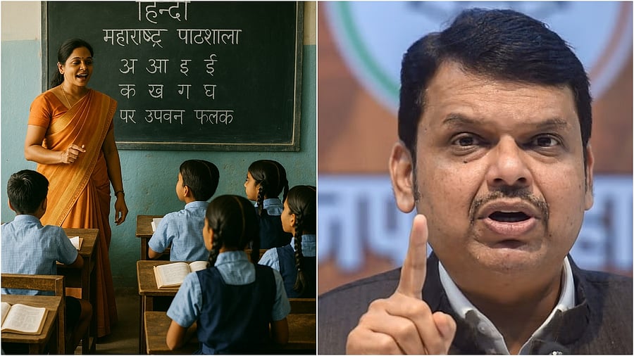 <div class="paragraphs"><p>AI generated image of a Hindi language classroom (L), Maharashtra CM Devendra Fadnavis</p></div>