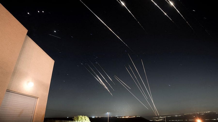 <div class="paragraphs"><p>Missiles launched from Iran are intercepted as seen from the Israeli-occupied Golan Heights.</p></div>