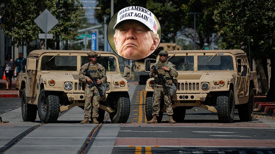 <div class="paragraphs"><p>California National Guards deployed in Los Angeles. (Inset: US President Donald Trump).</p></div>