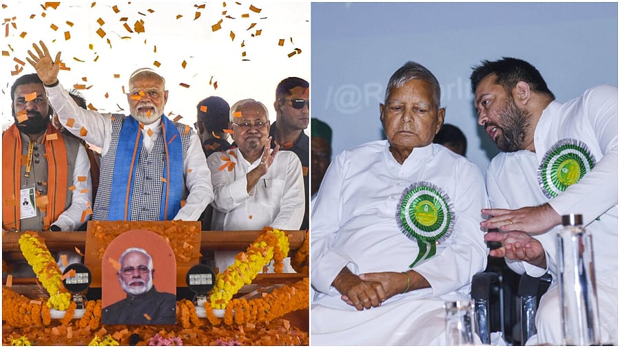 <div class="paragraphs"><p>Narendra Modi, Bihar Chief Minister Nitish Kumar and Deputy CMs Samrat Choudhary and Vijay Kumar Sinha at a public meeting in Bihar, (R) Lalu prasad yadav and Tejashwi.&nbsp;</p></div>