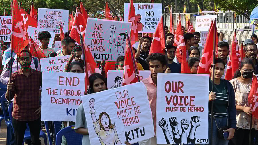 <div class="paragraphs"><p>The members of Karnataka State IT/ ITes Employees Union (KI-TU) hold a protest highlighting the employees right to a healthy work-life balance at Freedom Park, Bengaluru on Sunday, March 09, 2025. </p></div>