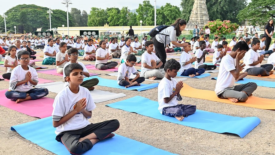 <div class="paragraphs"><p>Visually impaired children perform at 11th International Yoga Day event at Mysuru Palace premises on Saturday morning.</p></div>
