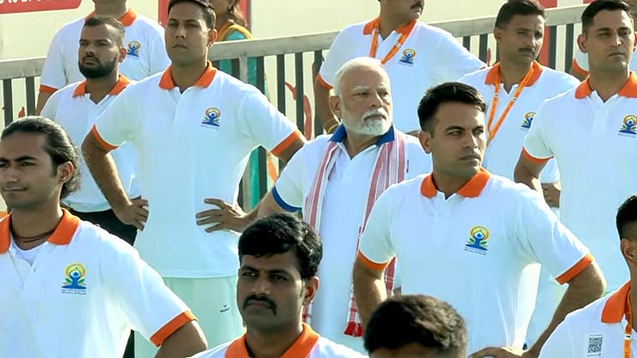 <div class="paragraphs"><p>In this screenshot from @NarendraModi via Youtube on June 21, 2025, Prime Minister Narendra Modi takes part in a yoga session during 11th International Day of Yoga celebrations, in Visakhapatnam, Andhra Pradesh.</p></div>