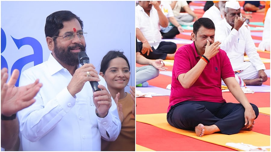 <div class="paragraphs"><p>Maharashtra deputy CM Ekanth Shinde at a yoga day event(L), CM Devendra Fadnavis practising yoga. </p></div>