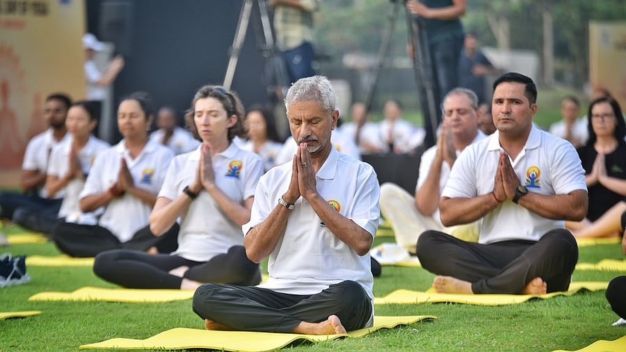 <div class="paragraphs"><p>EAM S Jaishankar takes part at a yoga day event in Delhi.&nbsp;</p></div>
