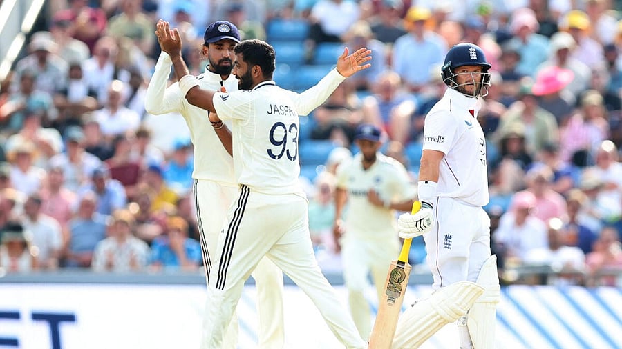 <div class="paragraphs"><p>Jasprit Bumrah celebrates after bowling out England's Ben Duckett.</p></div>