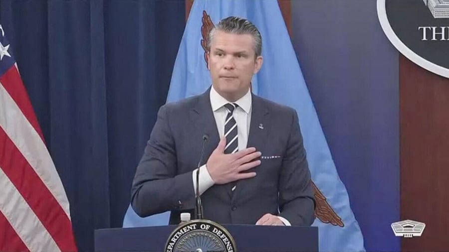 <div class="paragraphs"><p>U.S. Secretary of Defense Pete Hegseth reacts while taking questions from the media during a briefing at the Pentagon, after the U.S. struck Iranian nuclear facilities, during the Israel-Iran conflict, in Arlington, Virginia, U.S., June 22, 2025.&nbsp;</p></div>