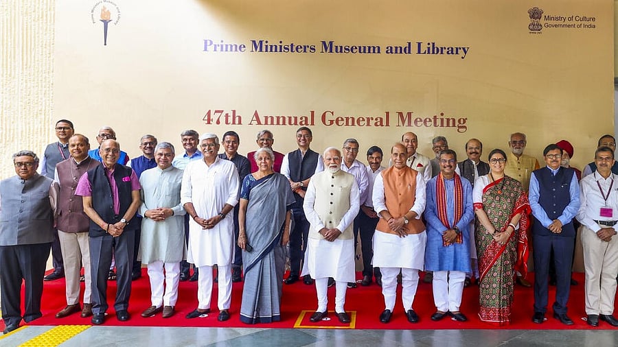 <div class="paragraphs"><p>Prime Minister Narendra Modi during a group photo at the 47th Annual General Meeting of the Prime Ministers' Museum and Library Society, in New Delhi.</p></div>