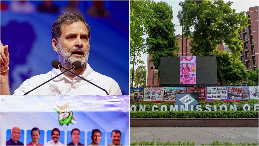 <div class="paragraphs"><p>Rahul Gandhi (left) and Election Commission office. </p></div>