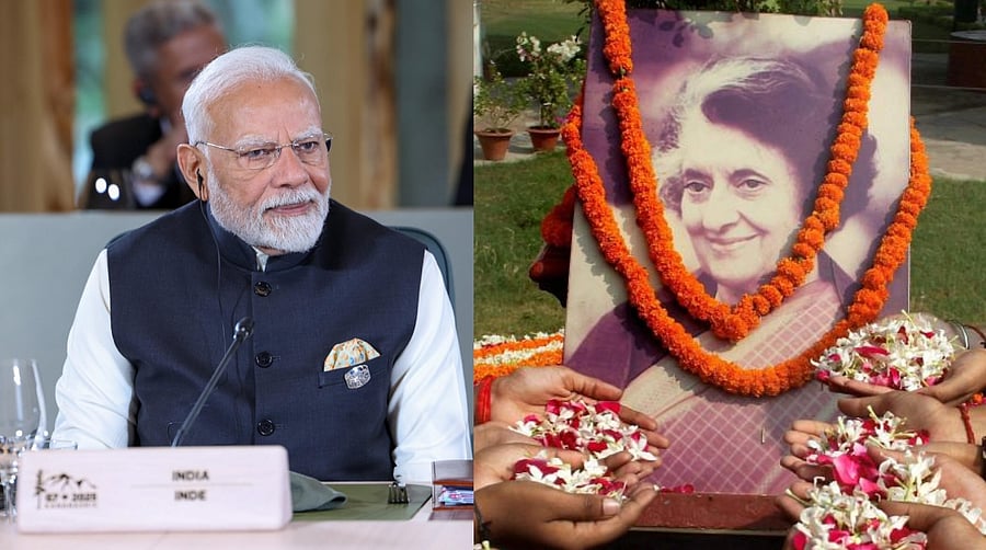 <div class="paragraphs"><p>PM Narendra Modi (L); A picture of former PM Indira Gandhi (R). </p></div>