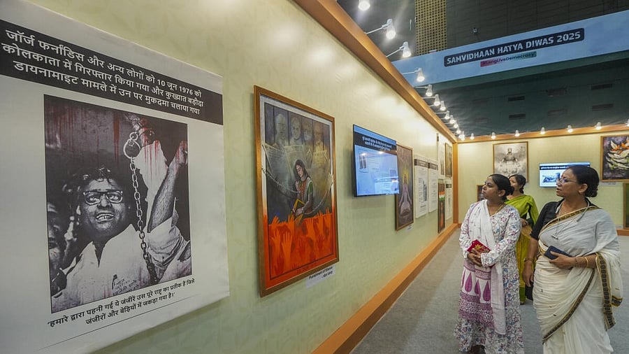 <div class="paragraphs"><p>Visitors at an exhibition organised to mark the 50th anniversary of the Emergency imposed in 1975 by then prime minister Indira Gandhi, in New Delhi</p></div>