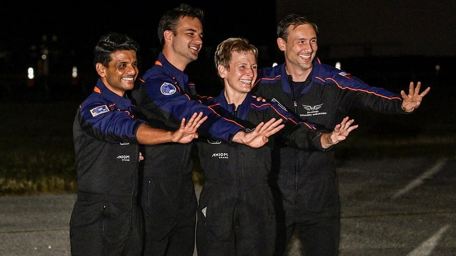 <div class="paragraphs"><p>The Axiom-4 crew, Pilot Shubhanshu Shukla of India, Mission Specialist Tibor Kapu of Hungary, Commander Peggy Whitson of the U.S., and Mission Specialist Slawosz Uznanski-Wisniewski of Poland, react before their mission to the International Space Station, in Cape Canaveral, Florida, US, June 24, 2025. </p></div>