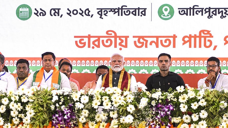 <div class="paragraphs"><p>Prime Minister Narendra Modi with Bengal BJP President and MoS Sukanta Majumdar during a public meeting, in Alipurduar, West Bengal, Thursday, May 29, 2025.</p></div>