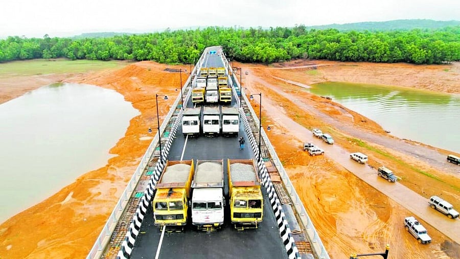 <div class="paragraphs"><p>Tippers were parked on the state's longest cable-stayed bridge&nbsp;across the backwaters of the River Sharavathi in Sagar taluk in Shivamogga on Wednesday.</p></div>