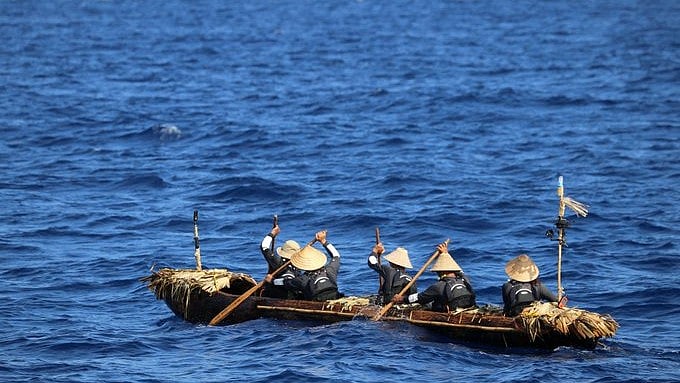 <div class="paragraphs"><p>Norwegian explorer Thor Heyerdahl and five crew members set sail from Peru on&nbsp;a&nbsp;balsa wood raft to test his theory that ancient South American cultures could have reached Polynesia.</p></div>