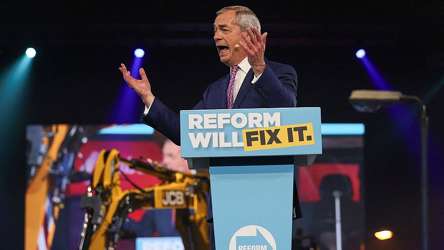 <div class="paragraphs"><p>British MP and Reform UK party leader Nigel Farage speaks during the party's local elections campaign launch at Utilita Arena Birmingham, in Birmingham, Britain.</p></div>
