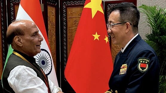 <div class="paragraphs"><p>Defence Minister Rajnath Singh during a meeting with Chinese Defence Minister Admiral Dong Jun on the sidelines of the SCO Defence Ministers’ Meeting.</p></div>