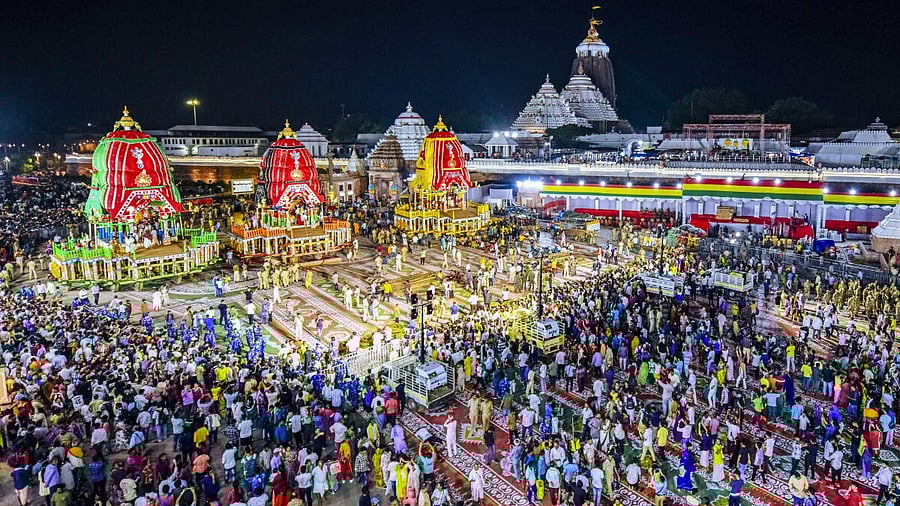 <div class="paragraphs"><p>Chariots of Lord Jagannath, Lord Balabhadra and Goddess Subhadra at the Jagannath Temple</p></div>