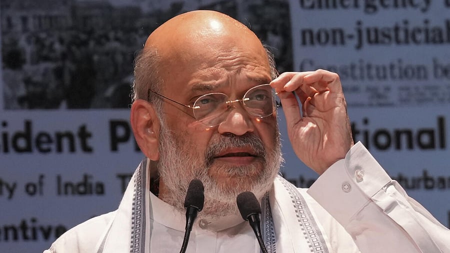 <div class="paragraphs"><p>Union Home Minister Amit Shah speaks during a programme organised on the eve of the 50th anniversary of the Emergency, on Tuesday.</p></div>