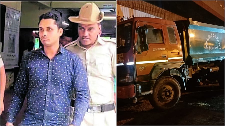 <div class="paragraphs"><p>Police officers take the suspect, Mohammed Samshuddin (in dark blue), into custody (L), the BBMP garbage truck in which the victim's body was disposed of.</p></div>