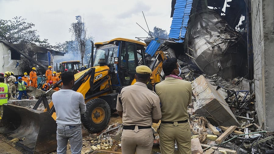 <div class="paragraphs"><p>Emergency services personnel at the site after an explosion at a pharma plant, at Pashamylaram, in Sangareddy district, Telangana, Monday, June 30, 2025. At least 12 people were killed in the incident.</p></div>