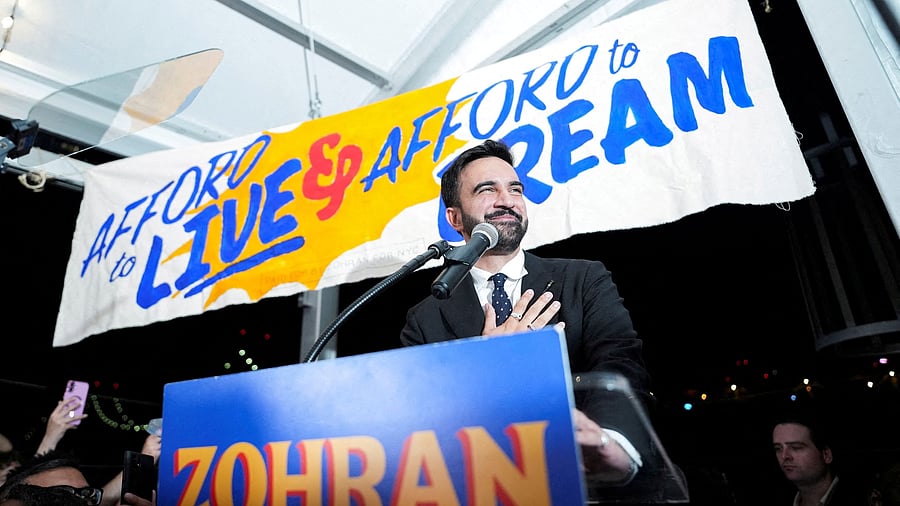 <div class="paragraphs"><p>Zohran Mamdani gestures as he speaks during a watch party for his primary election, in New York City</p></div>