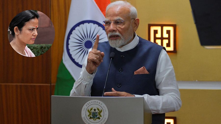 <div class="paragraphs"><p>PM Narendra Modi in Ghana. Inset: TMC MP Mahua Moitra.</p></div>