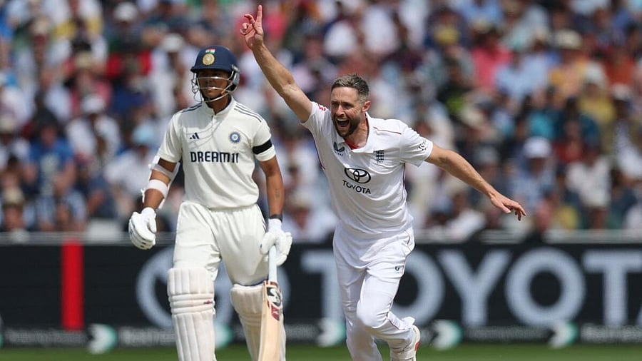 <div class="paragraphs"><p>England's Chris Woakes reacts before an unsuccessful appeal for the LBW wicket of Indian team's Karun Nair.</p></div>